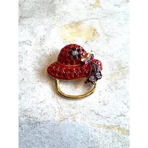 Vintage Red Hat Society Brooch Pin Gold Toned Backing